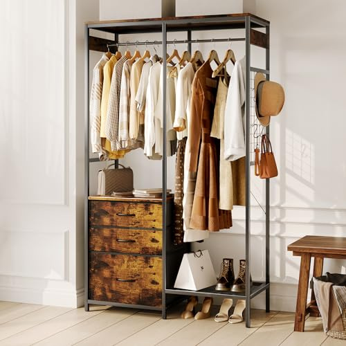 Heavy Duty Clothes Rack with 3 Drawers & LED Light, Garment Rack with 3 Shelves, Free Standing Wardrobe Organizer with 8 Hooks for Bedroom, Small Space, Garming Room(37.8W x 66.93H, Rustic Brown)