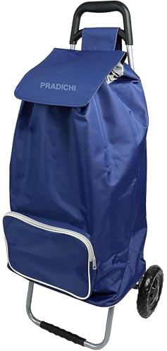PRADICHI Foldable Shopping Trolley with 2 Wheels – 57L Heavy Duty Collapsible Grocery Cart with Handle & Back Pocket | Reusable Shopping Bag on Wheels | Portable Utility Trolley for Shopping (Blue)