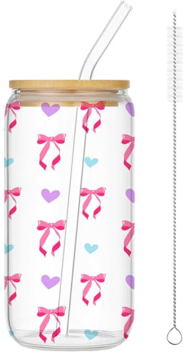 Glass Cups with Lids and Straws for Women Girls,16 Oz Pink Flower Bow Iced Coffee Cup,Cute Matcha Glass Aesthetic Iced Latte Glass and Straw for Iced Bubble Tea Water,Easter Gift for Daughter Friends