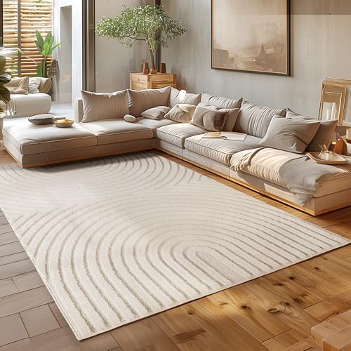 HomebyHome Wohnzimmer Teppich 160x230 cm Creme Hochflor Skandi Boho Design Hoch-Tief Effekt Weicher Shaggy Langflor Flauschig Robust Pflegeleicht Modern für couchtisch