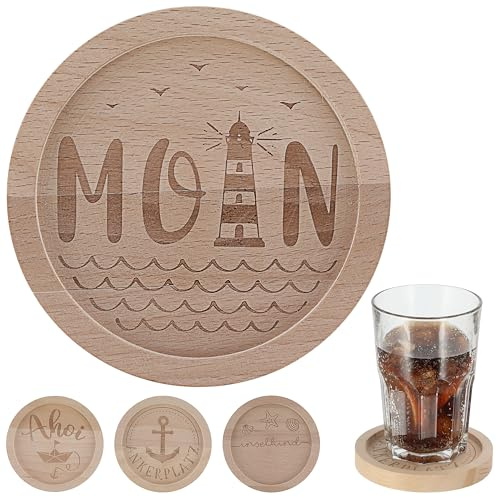 Glasuntersetzer Maritim 4er Set | Buchenholz gelasert Ø11,5x1,5cm | 4 Motive Leuchtturm Ankerplatz AHOI Inselkind Moin | Holzuntersetzer für Gläser Flaschen (4)