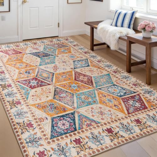 Calinline Bunt Vintage Waschbarer Teppich Schlafzimmer, 80x150 cm | Kurzflor Waschbar Boho Teppich Wohnzimmer, Rutschfester Orientalischer Perserteppich, Carpet für Esszimmer Büro Küche