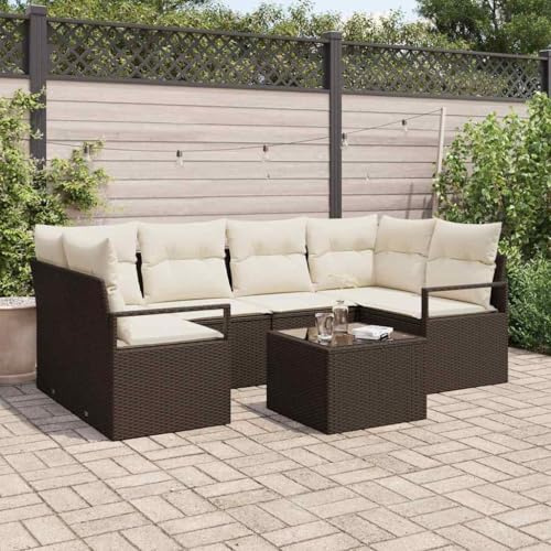 QUAHEAS Garten Sofa Set mit Kissen, 7-teilig, Braun und Creme, aus wetterfestem Poly Rattan, modular, UV-beständig, für Terrasse und Balkon, inklusive Tisch
