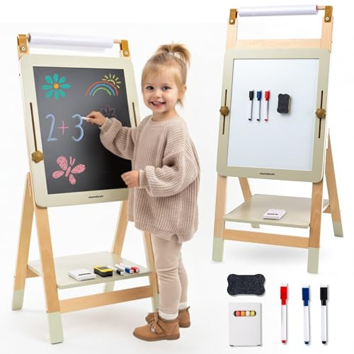 Mamabrum Holz Staffelei 3in1 für Kinder, Magnet- und Kreidetafel mit Papierrolle, höhenverstellbar, faltbare Konstruktion, Holzwerkstoff, ab 3 Jahren+