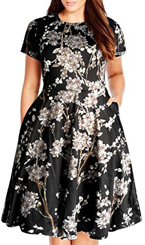 Nemidor Women's Round Neck Summer Casual Plus Size Fit and Flare Midi Dress with Pocket, Black Print, 24 Plus