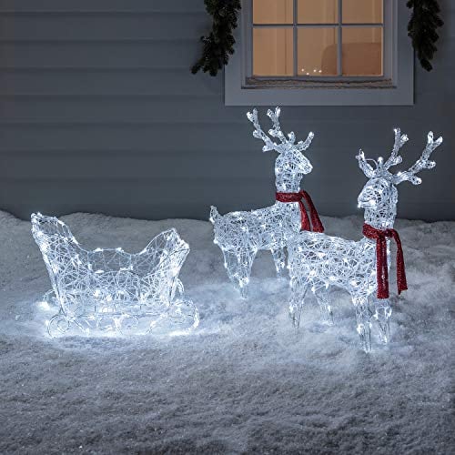 Lights4fun Renne e Slitta Luminose In Acrilico con 180 LED Bianco a Pile con Timer Decorazione di Natale Illuminazione Natalizia per Interni Giardino Esterni
