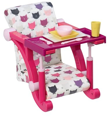Our Generation Doll High Chair, Let's Hang Clip-On Chair, Cat, Furniture | Clip-on high chair for 18-inch dolls with tray, dishes, bowl, glass, fork, spoon, and knife; cat print, Furniture; 5+ Years