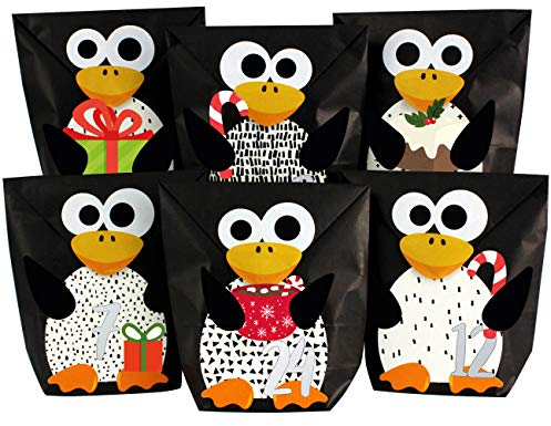 Papierdrachen DIY Adventskalender 2024 zum Befüllen - ausgestanzte Pinguine - mit 24 schwarzen Papiertüten zum selbst Befüllen und zum Selberbasteln - Weihnachten für Kinder