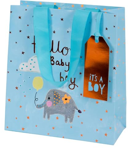 Glick Luxury Medium Elephant Design Gift Bag, Welcome Baby Boy, Birth of Son, 200x225x100mm, Blue