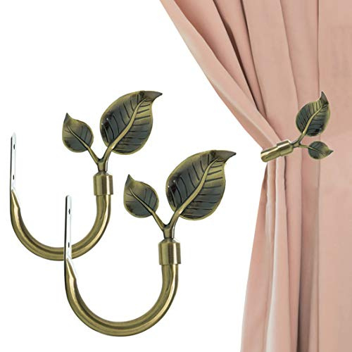 HIKMLK Leaf Shaped Curtain Tieback Holdbacks 2pcs, Handmade Metal Curtain Side Holders for Wall, Curtain Hook Pull Backs for Drapes Window Decoration (Antique Brass)