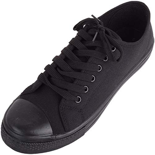 Womens Canvas Lace Up Trainers Sneakers Plimsolls with Rubber Toe Cap - Black - UK 4 / EU 37