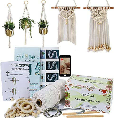 suo long Makramee Set für Anfänger mit Anleitung 3mm Garn mit holzringe und holzperlen Zubehör - für Makramee Wandbehang, Blumenampel