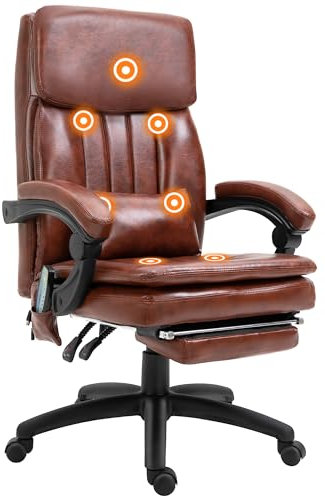 Vinsetto PU Leather Office Chair with 7 Point Vibrating Massage, Computer Desk Chair with Footrest, Adjustable Height, Reclining Back, Brown