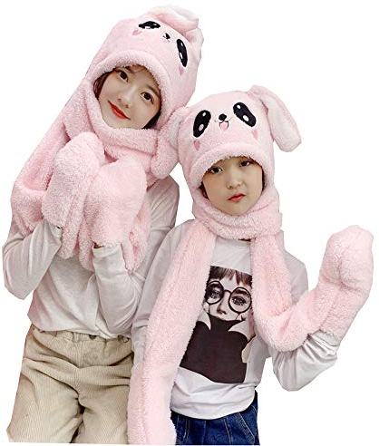 YEKEYI 3-in-1-Ohr-Hüpfmütze, Hasenhut, Pop-Up-Ohren, Plüschmütze, für Erwachsene und Kinder, Rosa