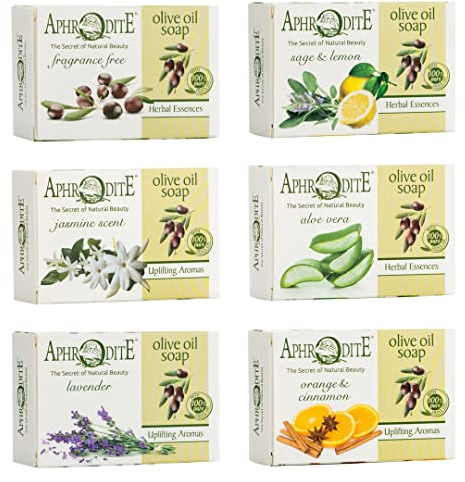 APHRODITE Olivenölseifen-Set - 6-teilige Kollektion - Natürliche Seifen mit 100% griechischen Olivenöl - Für trockene & empfindliche Haut - Hilft, Hautprobleme zu lindern