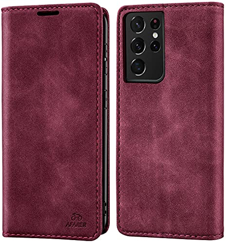 AFARER handyhülle Samsung Galaxy s21 Ultra 5g Klappbar hülle Ledertasche Stoßfest Schutzhülle mit Kartenhalter,Ständer hülle für s21 Ultra 6.8- Weinrot