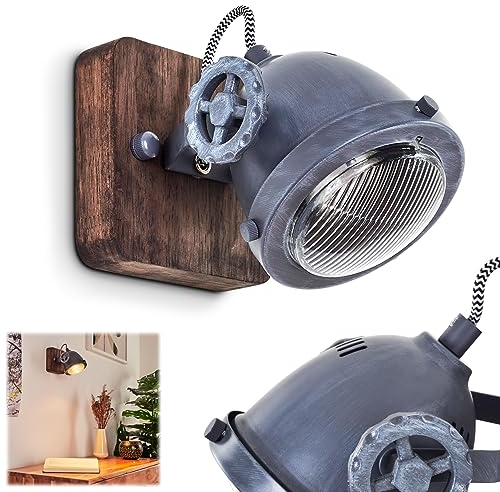 Wandleuchte Herford, 1-flammige Zimmerlampe in Metall und Holz in Braun und Grau mit Glasschirm, Spot ist dreh- und schwenkbar, 1 x GU10, ohne Leuchtmittel