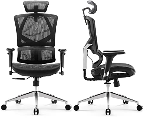 SIHOO Chaise de Bureau Ergonomique en Maille Respirante avec Dossier Haut réglable en Hauteur, accoudoirs 3D, appuie-tête et Soutien Lombaire Dynamique (Noir)