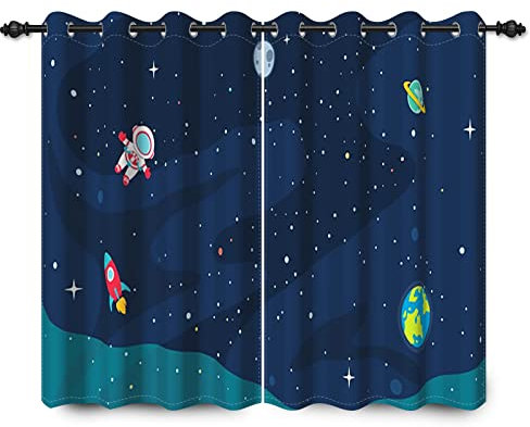 YONGFOTO 132x214cm Karikatur Muster Vorhänge, Kühle Spaceman Rakete Planeten Sterne im Weltraum für Wohnzimmer Kinderzimmer Home Set, 2 Paneele mit Öse