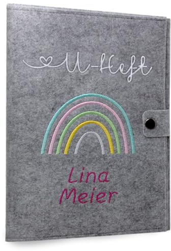 Cozy Racoon U-Heft- und Impfpasshülle aus Filz mit Personalisierung/Name | 3- teiliges Set | Hochwertige Hülle für Untersuchungsheft, Impfpass und Versichertenkarte Deines Kindes |Regenbogen Pastell