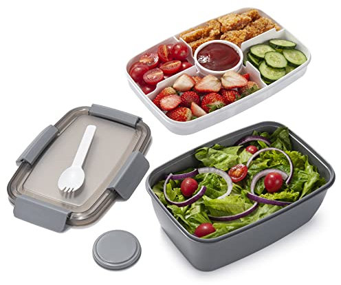 Freshmage Récipient à déjeuner à emporter, 1,9 l, bols à salade avec 4 compartiments, récipient à vinaigrette pour garnitures de salade, collations, hommes, femmes (gris-XL)