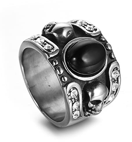 Beydodo Edelstahl Ring für Herren Silber, Gothic Männer Ring Personalisiert Gr.54 (17.2) bis 70 (22.3) -Punk Totenkopf Ring mit Oval Stein
