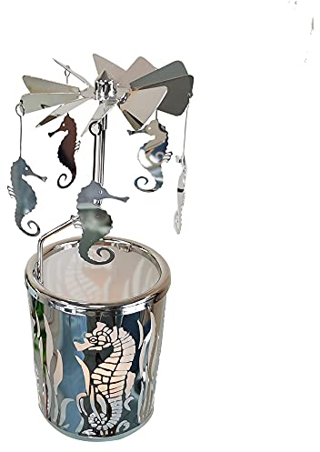 Kingnero Windlicht Karussell, Glas teelichthalter karussell, Drehbar Kerzenatter windmühle Kerze Familie und Freunde (silbernes Seepferdchen)
