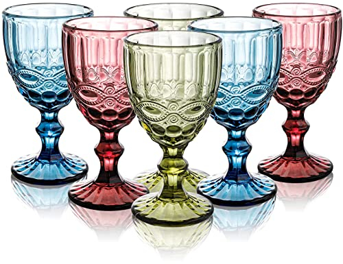 YOUEON 6 Stück farbige Weinkelche, 300 ml Weingläser Set mit geprägtem Muster, farbige Weingläser Vintage Glaswaren für Party, Hochzeit, Bar, Wein, Saft, Getränk, 3 Farben