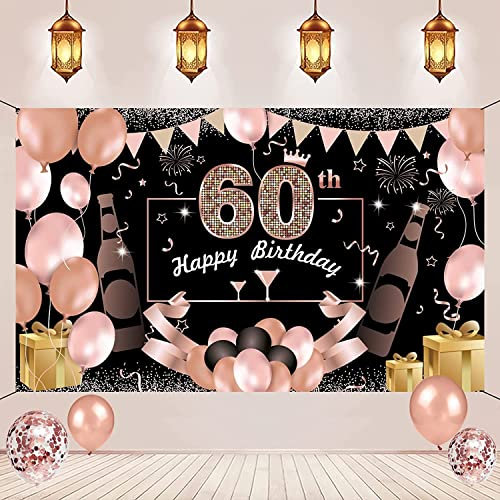 60. Geburtstag Party Dekoration,Banner 60 Geburtstag Roségold,Extra Große Fotografie Hintergrund Schild Poster für 60 Geburtstag Party Kuchen / Tabelle / Mauer / Garten Dekoration