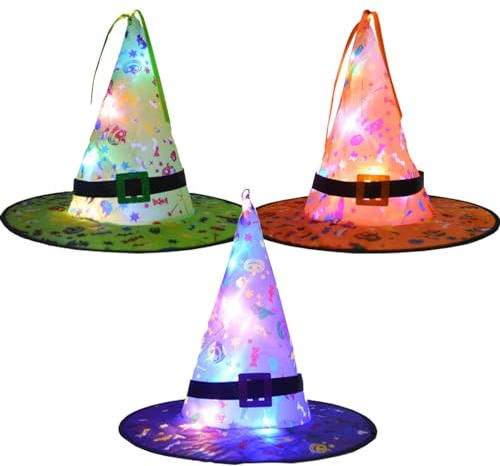 YouYuer 3PCS LED Halloween Hexenhut für Kinder Zaubererhüte Wicked Witch Hat Hexenkostüm Karnevalskostüm Kostümzubehör Cosplay Mütze Halloween Partyhut Hexenhut für Kinder Mädchen Jungen Erwach (C)
