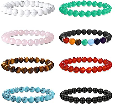 JeweBella 8 Stück Natürliche Edelstein Armbänder Set Damen Herren Perlen Armbänder Rose Quartz Amethyst Tigerauge Stein Obsidian Türkis Chakra Armband Paare Stretch Edelsteine Heilsteine Armband Set