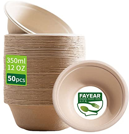 50 Pack Disposable Paper Bowls, Biodegradable and Compostable, Environmentally Friendly Disposable Bowls, Perfect for Party and Picnics (12 oz)