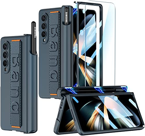SOUTEM para Samsung Galaxy Z Fold 4 Funda con Correa para Muñeca, Protector de Pantalla y Ranura para Bolígrafo S, Funda con Bisagra Magnética a Prueba de Golpes Antiarañazos(Sin Pen),Verde