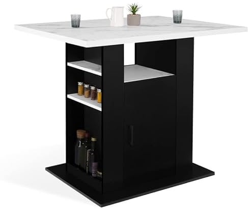 IDMarket - Ilot central UGO 110 cm efecto mármol y negro ALASKA con almacenamiento