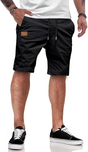 JMIERR Kurze Hosen Herren Shorts Herren Sommer Chino Baumwolle Elastische Taille mit Taschen Schwarz L