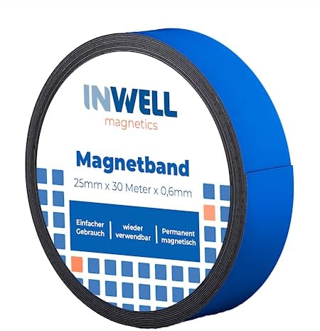 Inwell - Magnetband 25 mm in Farbe Blau auf Rol | 30 meter | NICHT Selbstklebend | Stark magnetisch | Magnetstreifen