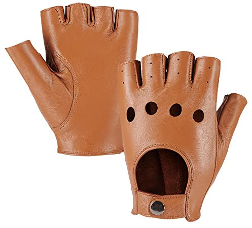 MGGMOKAY Fingerlose Herren Half Finger Autofahrer Handschuhe aus Leder,Kamel,S