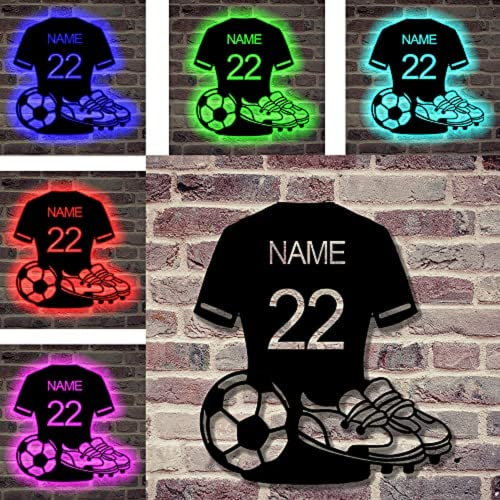 Personalised Football Metal Wall Art Light,Custom Name Football Night Lamp, Led Light Up Sign Soccer Sport Fan Accessories Gifts For Birthday Celebrating-16 Colors Changing