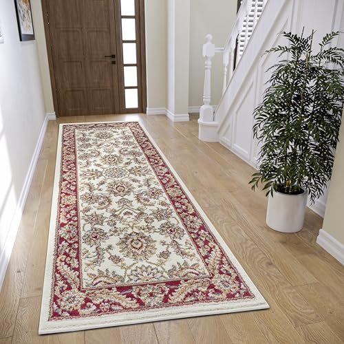 Hanse Home Reni Teppich Orientalisch – Orient Läufer klassisch dicht gewebt mit Ornamenten und Blumenmotiven Weicher Kurzflor für Schlafzimmer, Esszimmer, Wohnzimmer, Flur – Creme Rot, 80x240cm