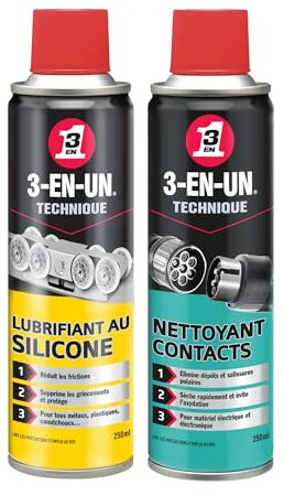 Lot 3-EN-UN Technique • Lubrifiant au Silicone Aérosol 250 ml + Nettoyant Contacts Aérosol 250 ml
