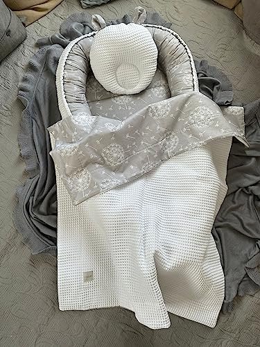 PUSTELBLUME Grau/WEISS Waffelpique Bio-Baumwolle Babynest Neugeborene Baby Unterlage Reisebett Nestchen SOLO/o. in PREMIUM Ausstattung SETS (Nestchen + DECKE (80x100cm) + Bärchen)