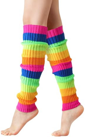 Clothirily Beinstulpen – modische gestrickte Neon-Beinstulpen für Damen, 80er-Jahre, Sport, Party, Yoga-Zubehör, helle Farben, Regenbogen, Einheitsgröße