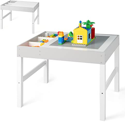 COSTWAY 3-in-1 Kids Activity Table, Wooden Children Building Blocks Table with Reversible Tabletop and Storage, Toddler Play & Build Desk for Learning Drawing Eating