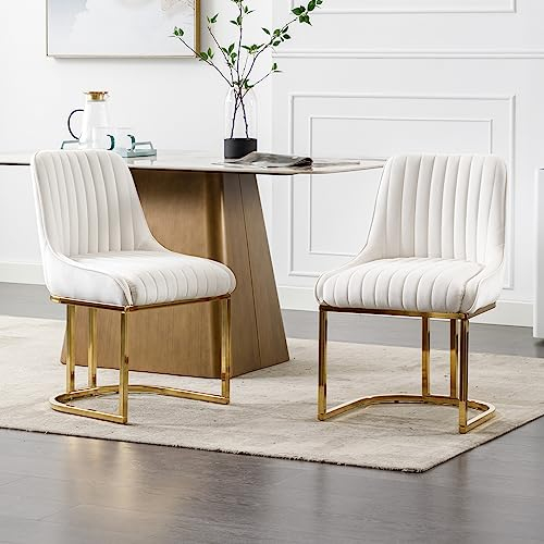 Wahson Juego de 2 Sillas de Comedor Terciopelo Sillas Cocina Modernas con Respaldo, Sillas Ocios Elegantes con Patas Doradas para Salón/Dormitorio, Blanco