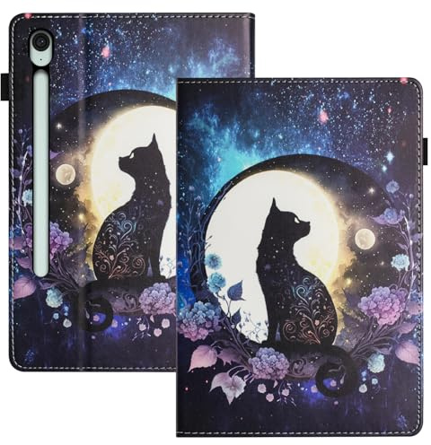 LSPCASA Hülle für Samsung Galaxy Tab S10 Lite 10.9 Zoll 2025/S10 FE10.9 2025/S9 FE 10.9 Zoll 2023 /S9 11 PU Leader Schutzhülle mit Kartenschlitz Standfunktion Stifthalter Tablet Hülle Mondkatze
