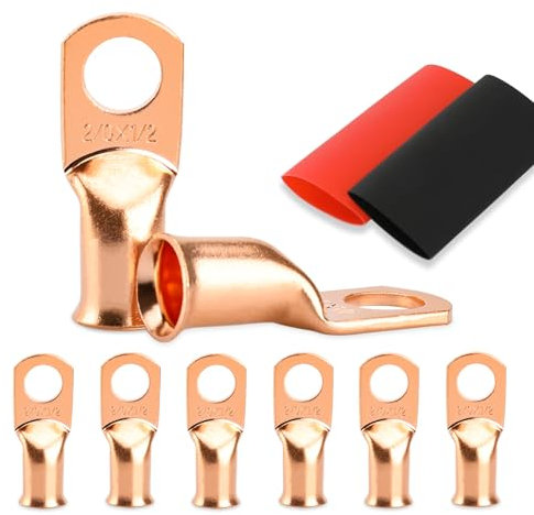 HOUSUN Battery Cable Ends, 8PCS Battery Cable Ends, 2/0 Gauge Wire Connectors 1/2 Copper Wire Lugs, Bare Copper Eyelets with Heat Shrink Tubing