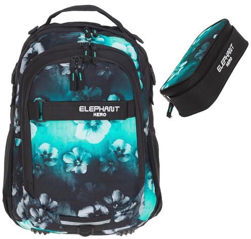 Elephant 2 Teile Set Rucksack Signature Hero Schulrucksack 12723 + Mäppchen Box (Flower Türkis Farbverlauf 12805)