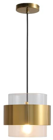 Kaj Hejmo Modern Pendant Light- Cylinder Glass Lampshade Ceiling Lights Iron Gold Ring Accents- E27 led Indoor Lighting for Bedroom Kitchen Island & Dining Room Lamps (Clear, Cord Hang-1-light)