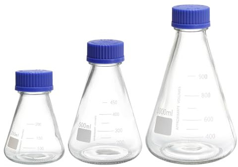 PATIKIL Erlenmeyer Flask Set, 3 Pcs 250ml 500ml 1000ml Narrow Mouth Graduated Flasks with Screw Cap Borosilicate Glass Flasks with Printed Graduation for Lab Experiment Chemistry Science