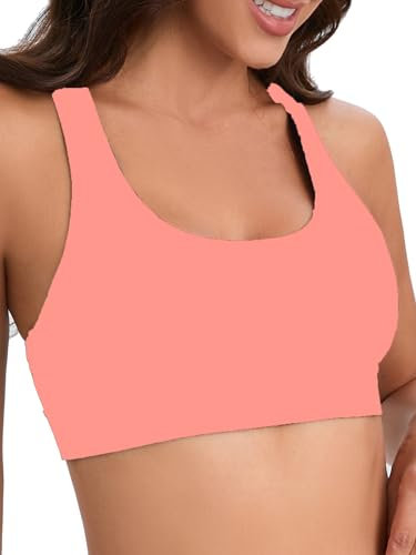 Racerback-Sport-Bade-BH für Damen, hoher Halsausschnitt, Bikini-Oberteil, schwarz, Workout-Badeanzug, nur gepolstertes Oberteil, Rosa / Orange, S